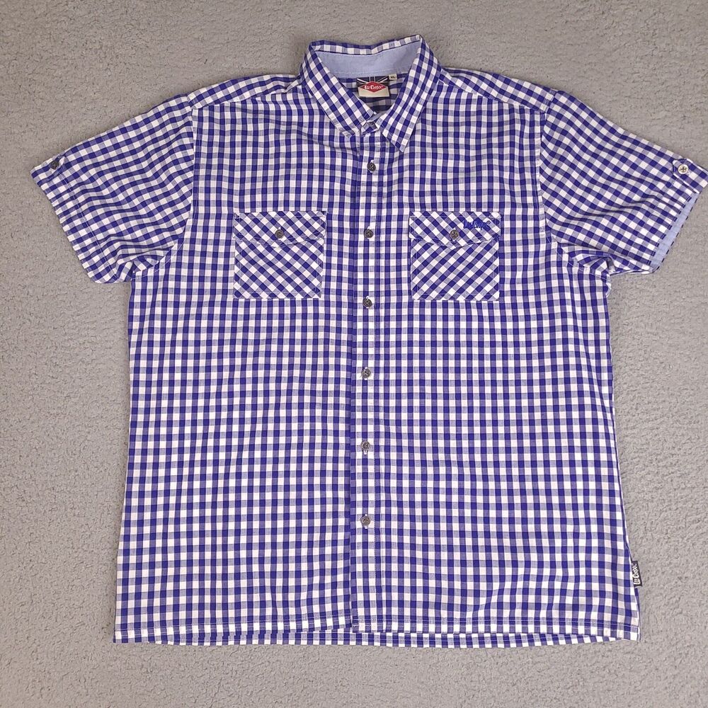 Lee Cooper Shirt Mens XL Blue White Plaid Gingham Button Down Short Sleeve‎